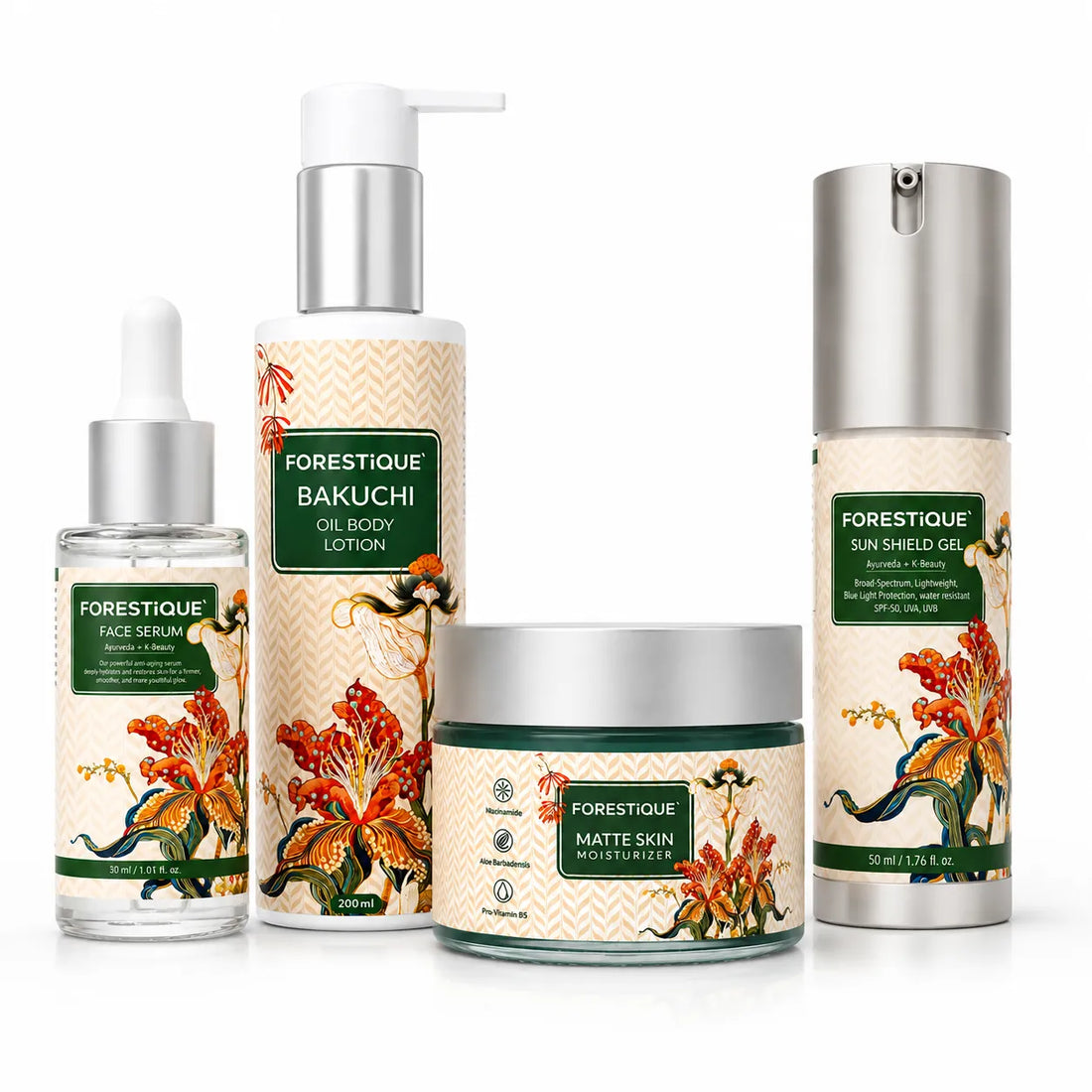 Forestique Glow & Protect Essentials (Face Serum + Silicon Free Matte Moisturizer + Bakuchiol Body Lotion + Sunscreen)