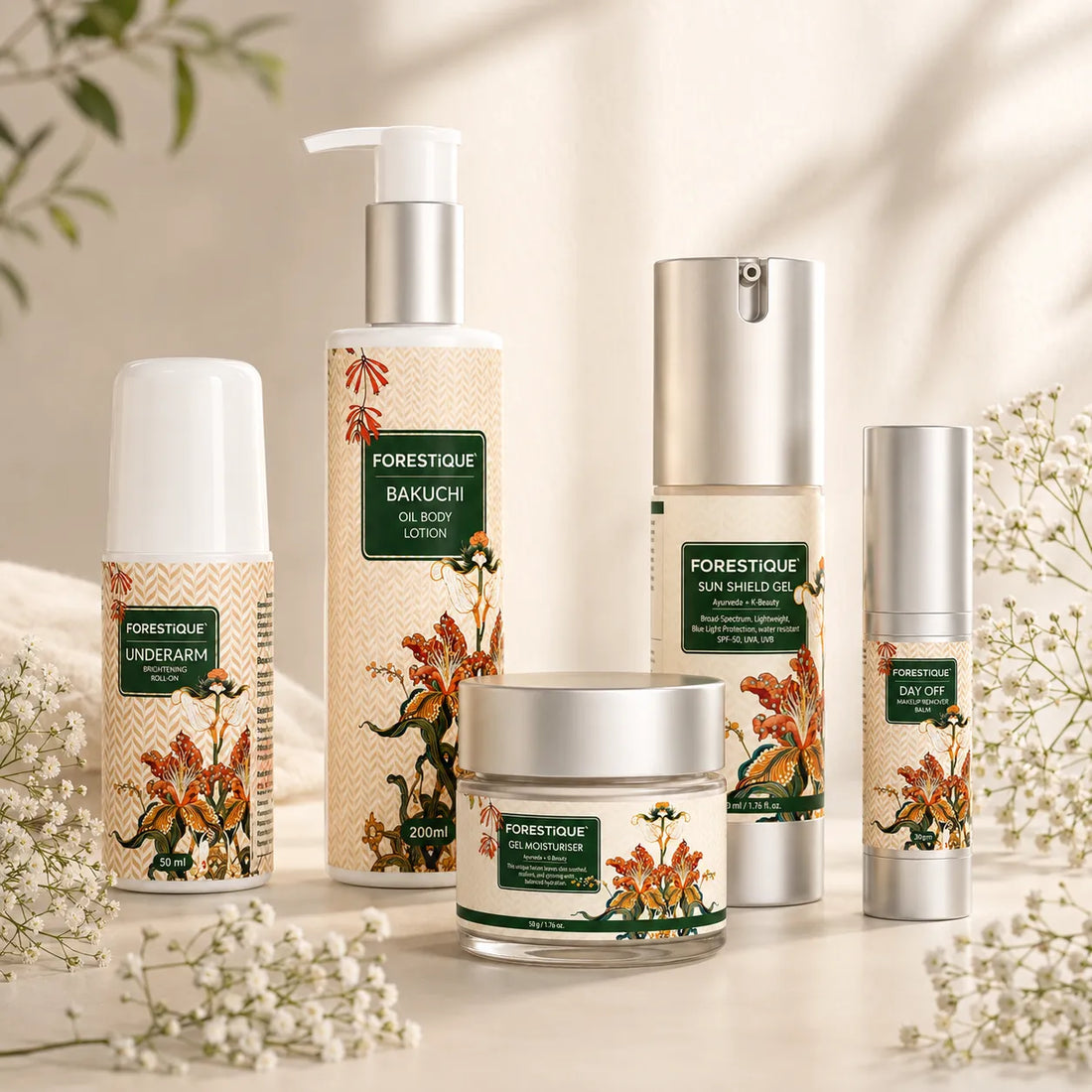 Forestique Everyday Radiance Kit (Bakuchiol Body Lotion + Balm To Water Make Up Remover + Under Arm Brightening Roll On + Face Moisturizer + Sunscreen)