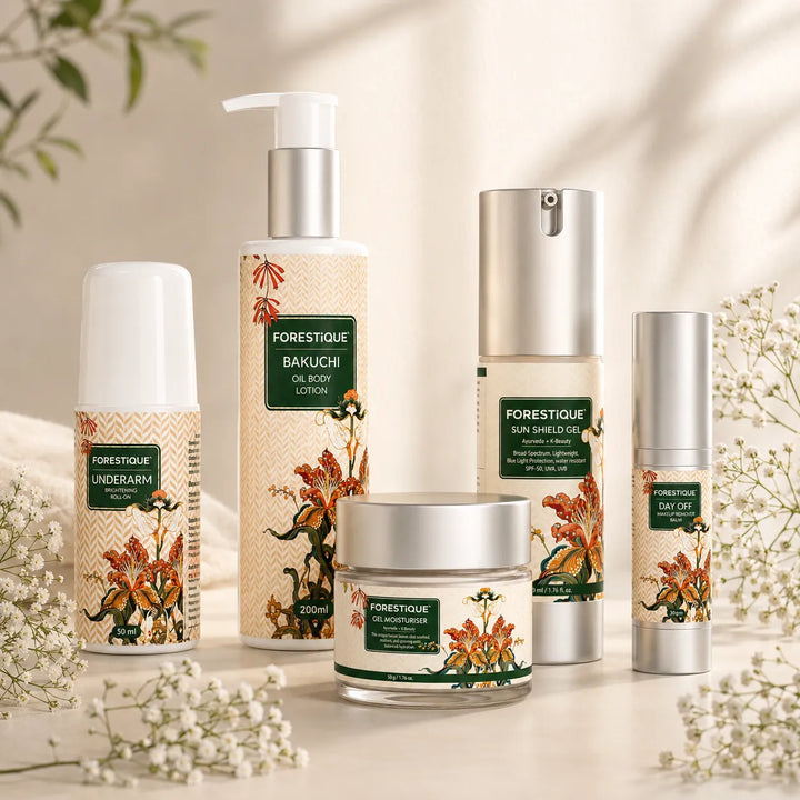 Forestique Everyday Radiance Kit (Bakuchiol Body Lotion + Balm To Water Make Up Remover + Under Arm Brightening Roll On + Face Moisturizer + Sunscreen)
