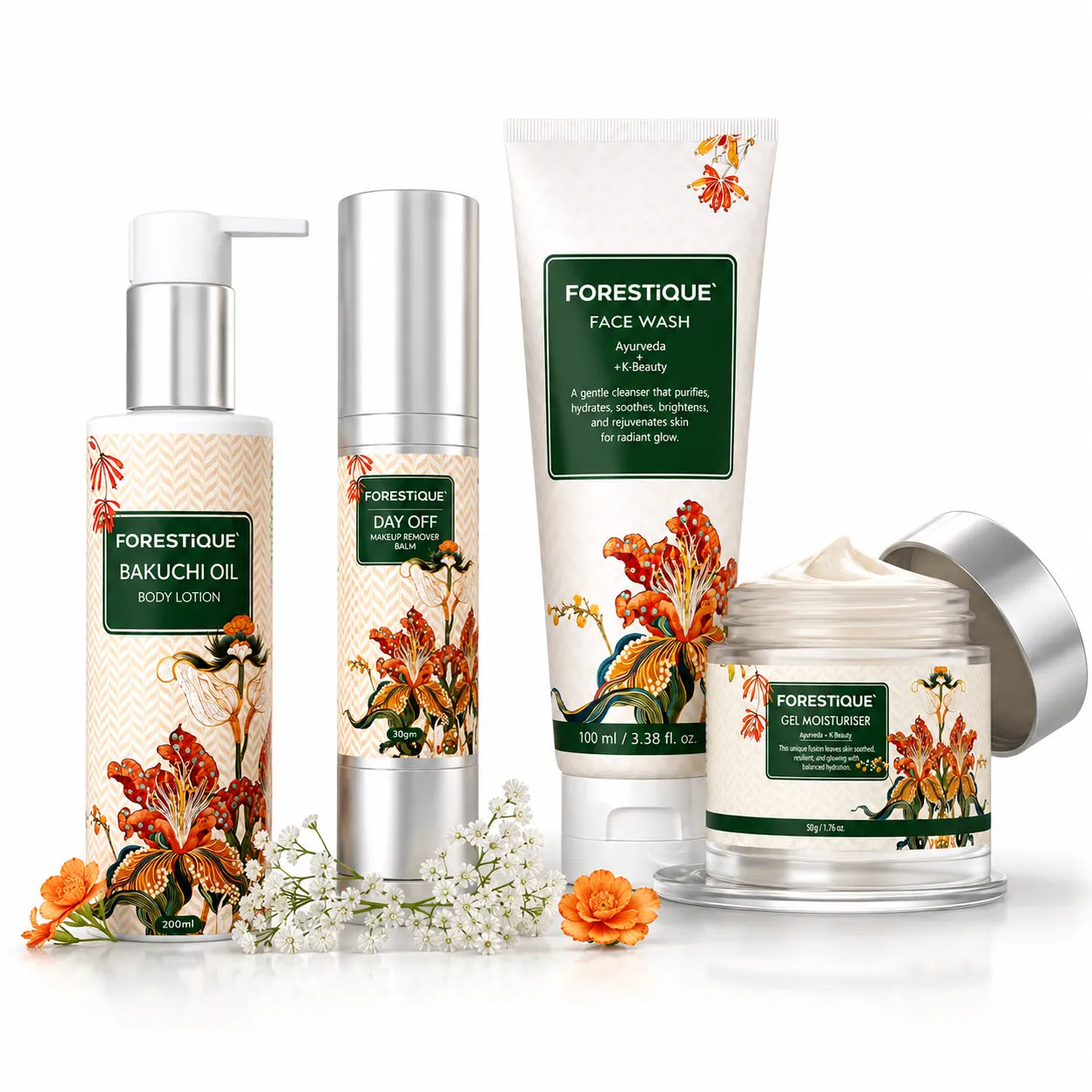 Forestique Complete Nourish Trio Plus (Balm To Water Make Up Remover + Bakuchiol Body Lotion + Face Moisturizer + Face Wash)