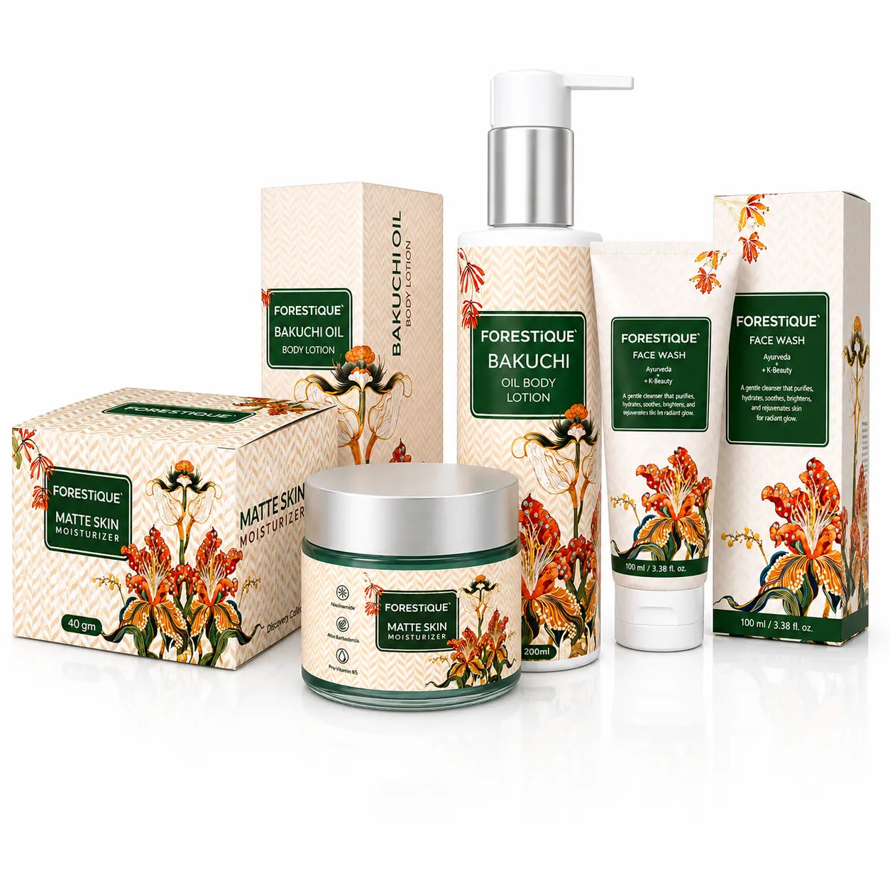 Forestique Fresh Matte Glow Trio (Bakuchiol Body Lotion + Face Wash + Silicon Free Matte Moisturizer)