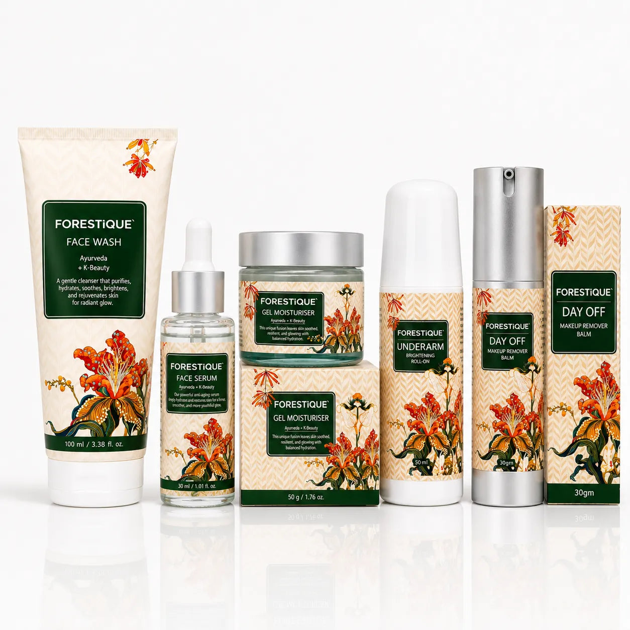 Forestique Complete Care Glow Kit (Balm To Water Make Up Remover + Face Wash + Face Serum + Face Moisturizer + Under Arm Brightening Roll On)