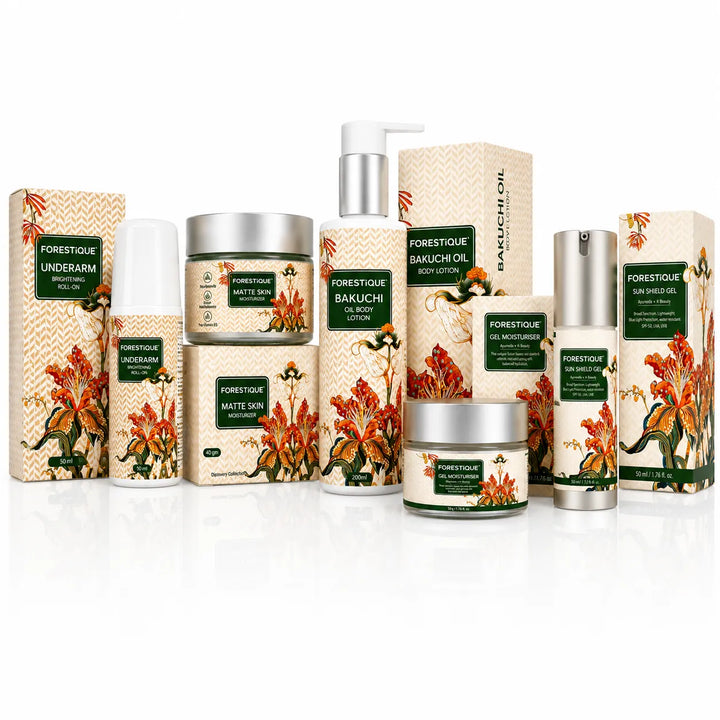 Forestique All-Day Glow & Care Kit (Under Arm Brightening Roll On + Face Moisturizer + Sunscreen + Bakuchiol Body Lotion + Silicon Free Matte Moisturizer)