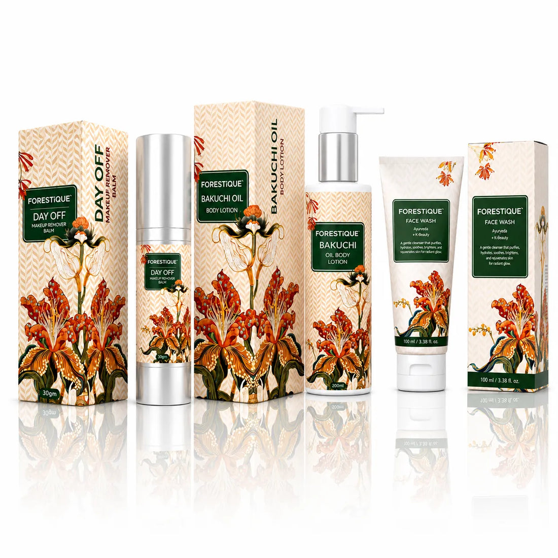 Forestique Glow & Nourish Trio (Balm To Water Make Up Remover + Face Wash + Bakuchi Oil Body Lotion)